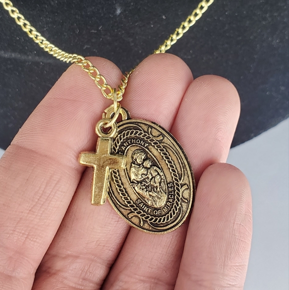 St. Anthony Goldtone Religious Medallion Necklace - Picture 3 of 5